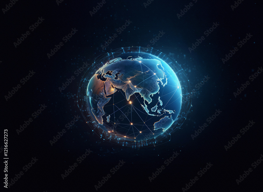 Poster A grainy paper texture effect depicts a glowing digital globe, showcasing interconnected nodes representing global networks and communication.  The dark background emphasizes the illuminated sphere.