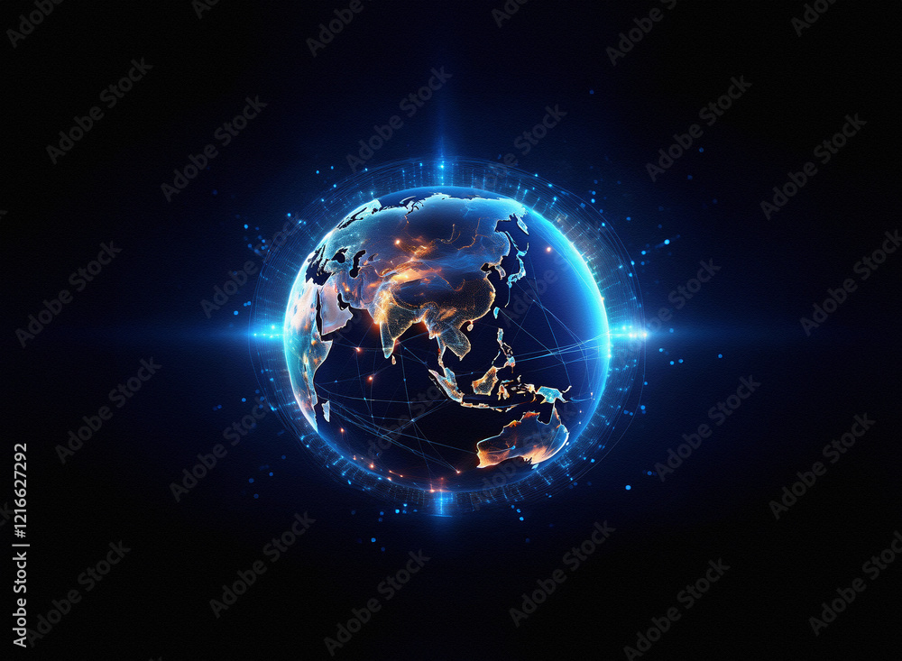 Aufkleber A grainy paper texture effect depicts a glowing digital globe, showcasing illuminated continents and intricate connection lines against a dark background.  The image evokes a sense of global connectiv