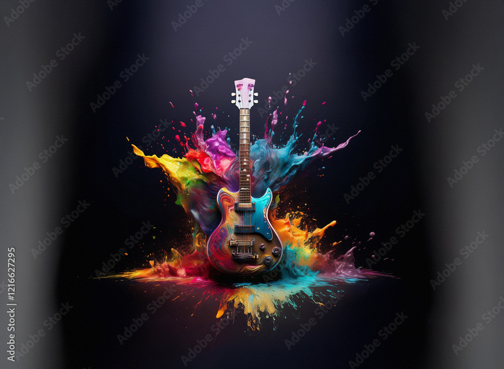 Poster a gritty, textured paper-like effect surrounds a vibrant electric guitar engulfed in a colorful pain