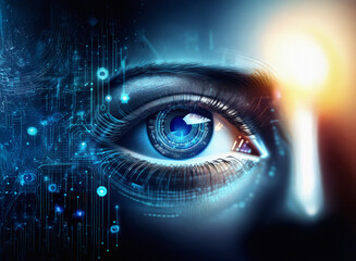 Close-up of a digital eye, rendered with a grainy paper texture.  The iris displays intricate circuitry, blending technology with human anatomy.  Blue and gold hues dominate.