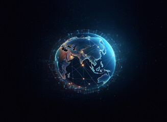 A grainy paper texture effect depicts a glowing digital globe, showcasing interconnected nodes representing global networks and communication.  The dark background emphasizes the illuminated sphere.