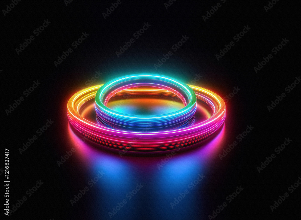 Aufkleber vibrant, multicolored neon rings glow on a dark, reflective surface. the grainy paper texture is sub