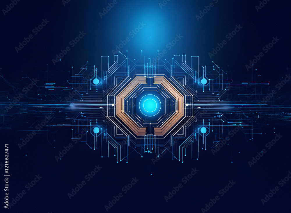 Aufkleber Abstract digital artwork featuring a glowing octagonal circuit design on a grainy paper texture background.  The image evokes a sense of technological advancement and futuristic design.