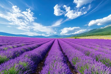 Lavender fields in full bloom, stretching as far as the eye can see under a bright summer sky, filling the air with a fragrant, purple sea.