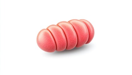 Close-up of a vibrant pink, oval-shaped object resembling a cellular structure on a clean white background