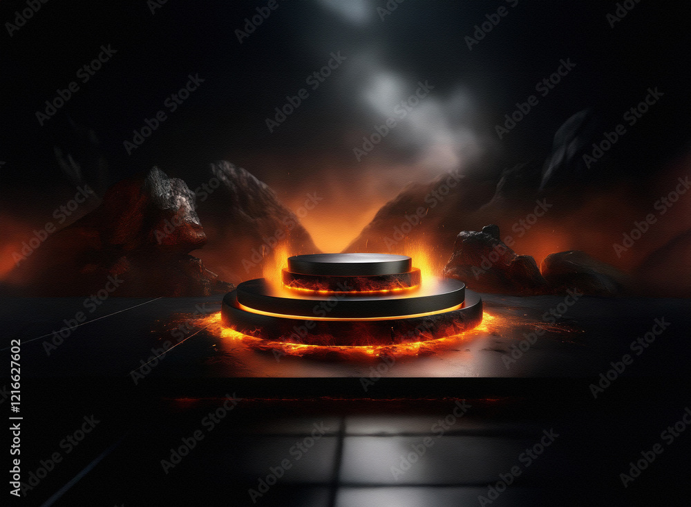 Aufkleber dark, fiery scene with a three-tiered, metallic platform on a grainy paper-textured surface. surroun