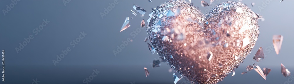Poster a stunning 3d shattered crystal heart emits a soft glow, its edges illuminated, while vibrant fragme