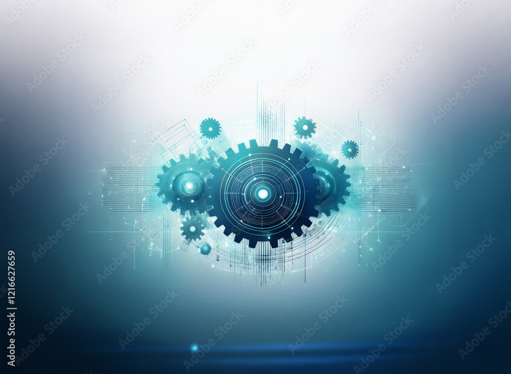 Aufkleber Abstract digital art depicting interconnected gears on a grainy paper texture background.  The image evokes a sense of complex machinery and technological advancement.