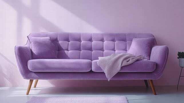 purple sofa with twp pillows  and a throw on the plain pink background, scandinavian style