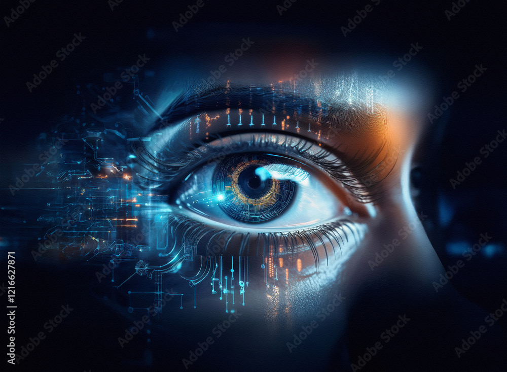 Poster close-up of a woman's eye, overlaid with a grainy, digital circuit pattern on a textured paper-like 