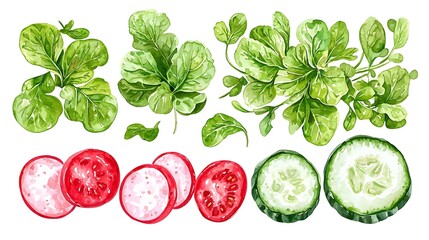 Watercolor illustration of fresh vegetables radish, tomato, cucumber and different types of lettuce.