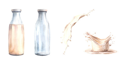 Glass milk bottle with flowing milk. Dairy products set. White liquids splash, splatters. Watercolor hand drawn illustration.Clipart for beverage, cream, yogurt label print. Isolated from background. 