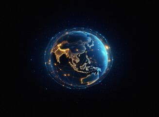A grainy, textured paper-like depiction of Earth, glowing with digital connections, set against a dark background.  The continents are subtly highlighted, emphasizing global interconnectivity.