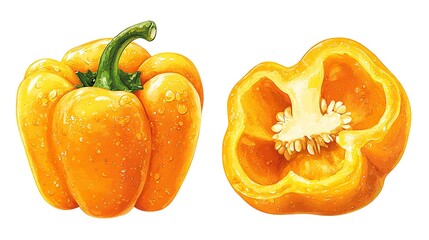 Juicy Yellow Bell Pepper Whole and Halved, Water Droplets