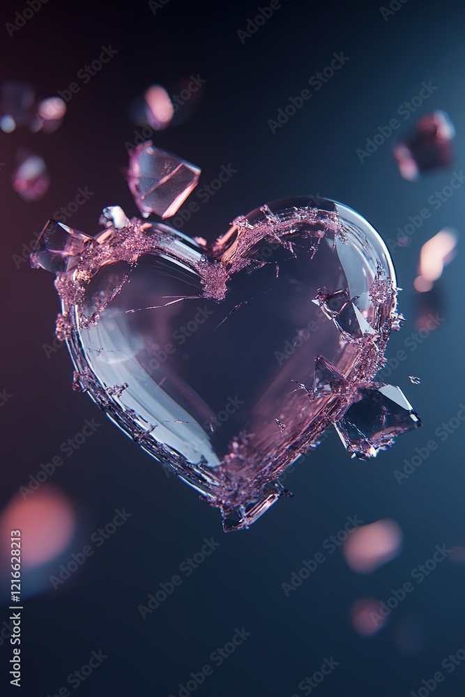 Poster a stunning 3d representation of a shattered crystal heart emits glowing edges. colorful fragments fl