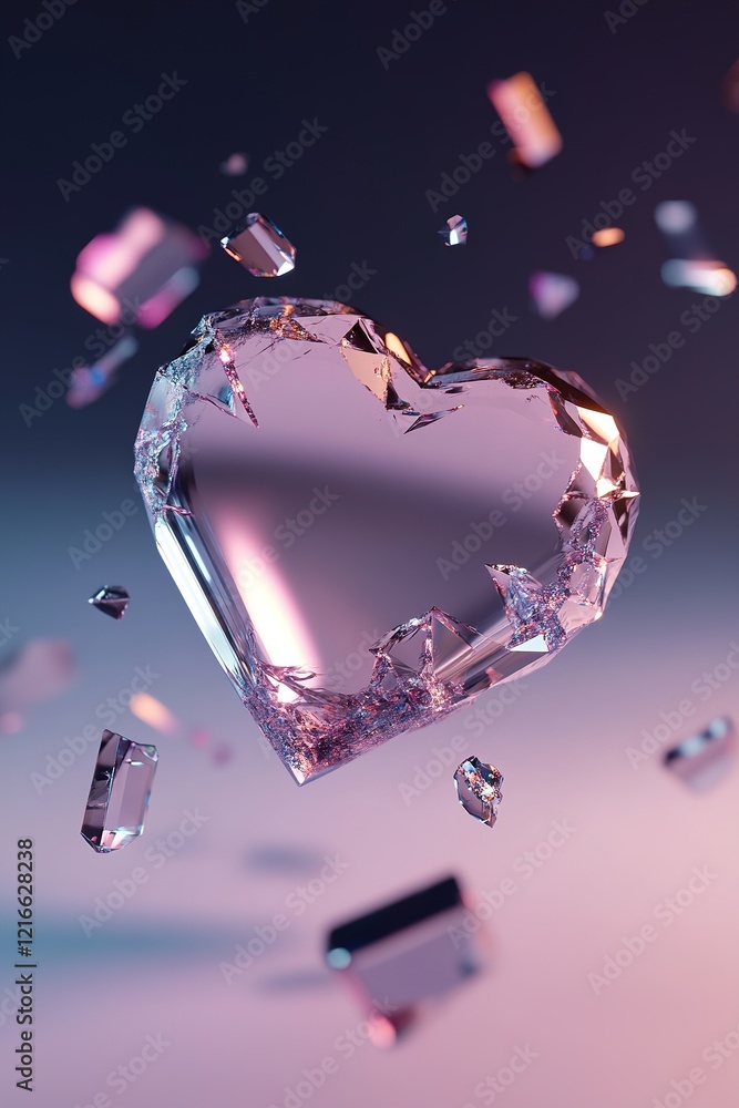 Aufkleber glowing crystal heart fragments float in mid-air, reflecting vibrant colors against a dark gradient 