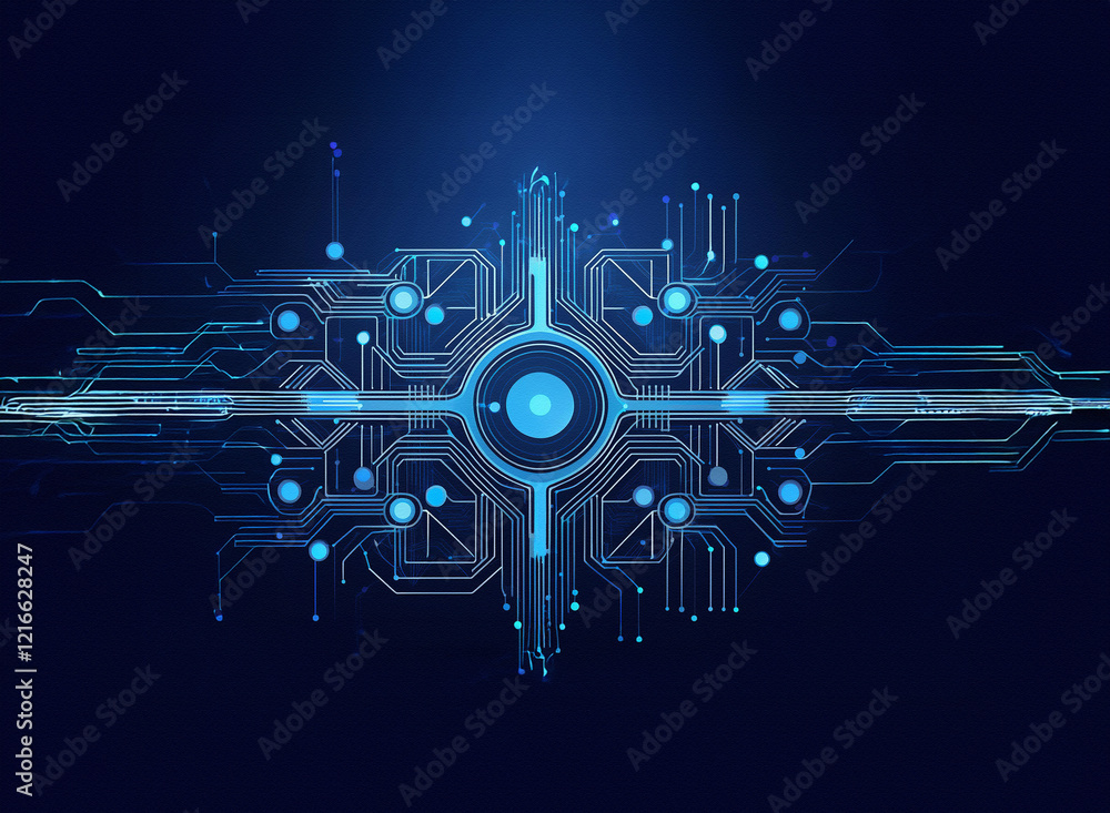 Poster Abstract digital circuitry, glowing blue lines on a grainy paper texture background.  A central node connects radiating pathways.