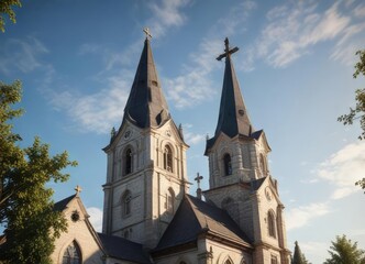 Fototapeta premium Beautiful Catholic church with a prominent cross atop its steeple, ornate decorations, arches
