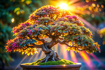 Obraz premium vibrant bonsai tree with colorful leaves illuminated by sunlight