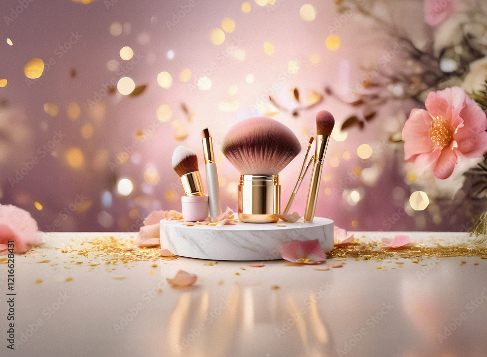 Poster a set of makeup brushes with rose gold accents rests on a marble stand adorned with delicate pink pe