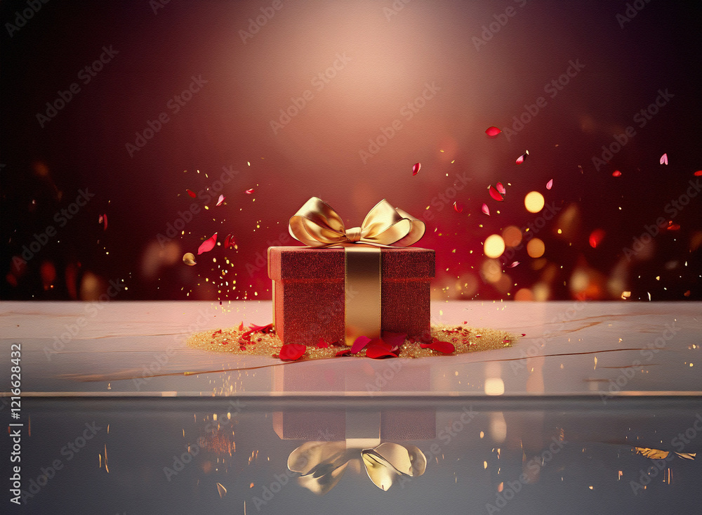 Poster a red gift box with a gold ribbon sits on a reflective surface, surrounded by scattered petals and g