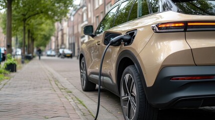 A electric car is charging beside a peaceful lake, framed by lush greenery, reflecting tranquility and modern technology