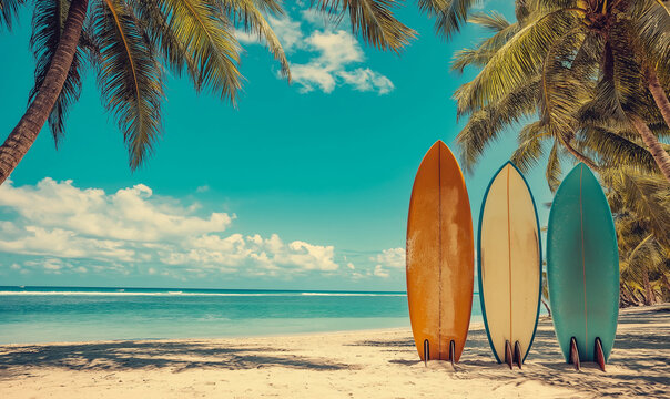 Vintage surfboards standing on the beach with palm trees and a blue sky, a summer vacation concept.