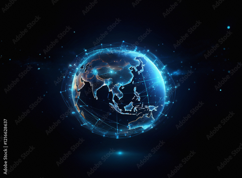 Aufkleber A grainy, paper-textured digital rendering of Earth, depicted as a glowing network of interconnected nodes against a dark background.  The continents are subtly visible through the network.