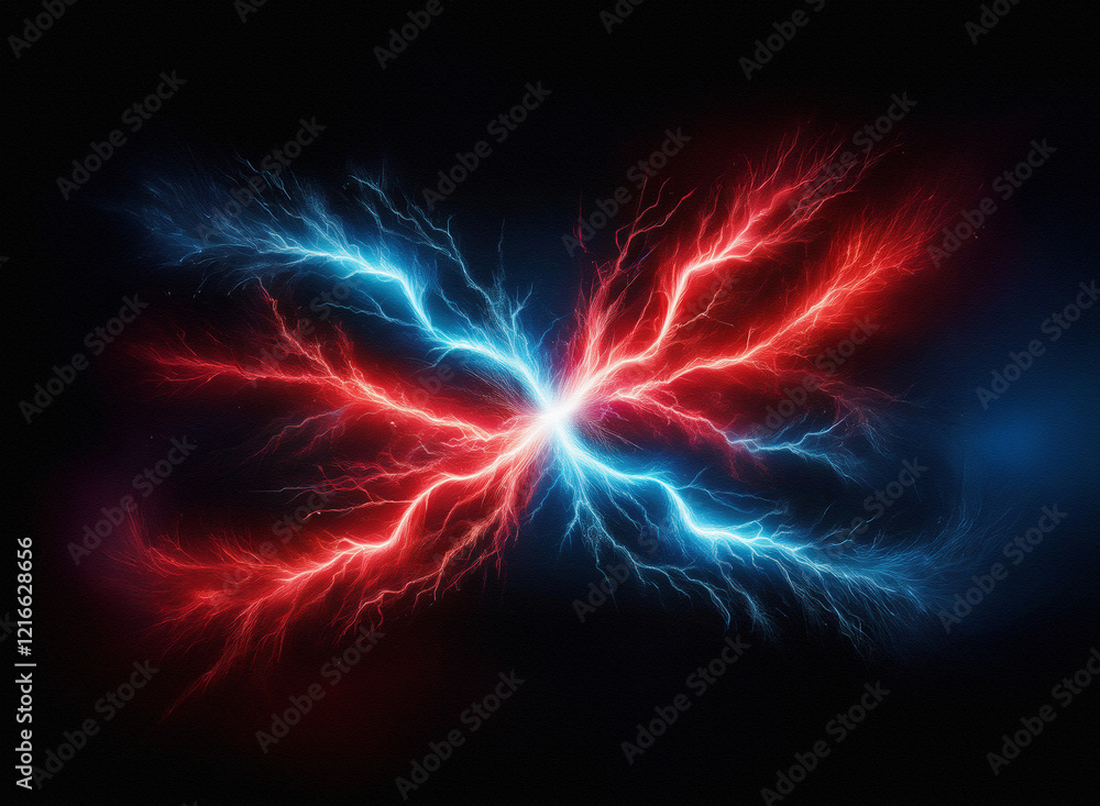 Poster Clashing red and blue energy bursts, rendered with a grainy paper texture.  The vibrant, fractal-like forms create a dynamic visual.