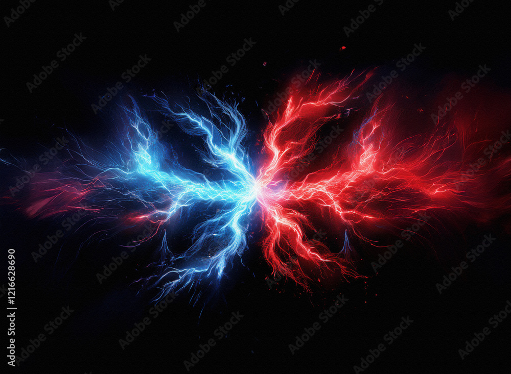 Poster Clashing blue and red energy streams, a gritty, paper texture effect, create a visually striking abstract image on a black background. The forms resemble flames or lightning.