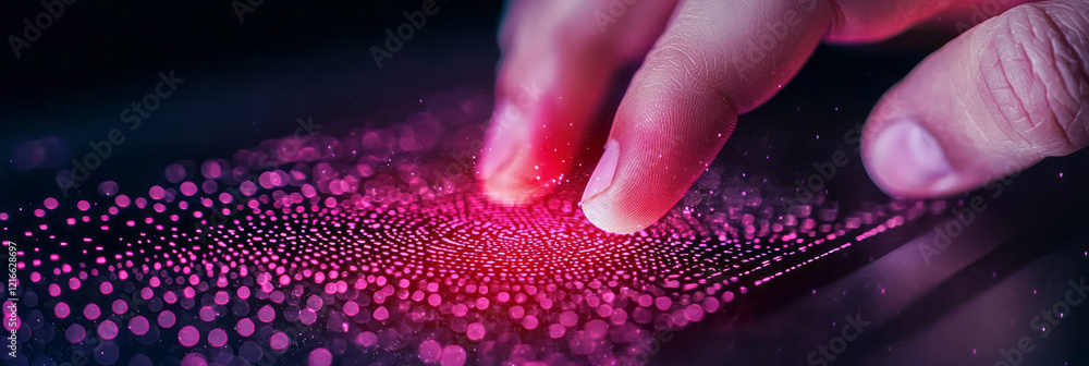 Leinwandbilder A detailed close-up of hands typing on a secure laptop with a biometric scanner, highlighting advanced fraud prevention technologies in data preservation,