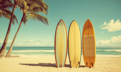 Vintage surfboards standing on the beach with palm trees and a blue sky, a summer vacation concept.