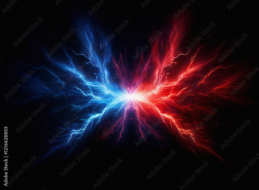 Poster a fiery, icy collision of energy, rendered with a grainy paper texture. the blue and red lightnings 