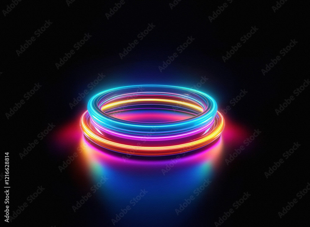 Aufkleber vibrant neon rings glow on a grainy paper texture, reflecting onto a dark surface. the concentric ci