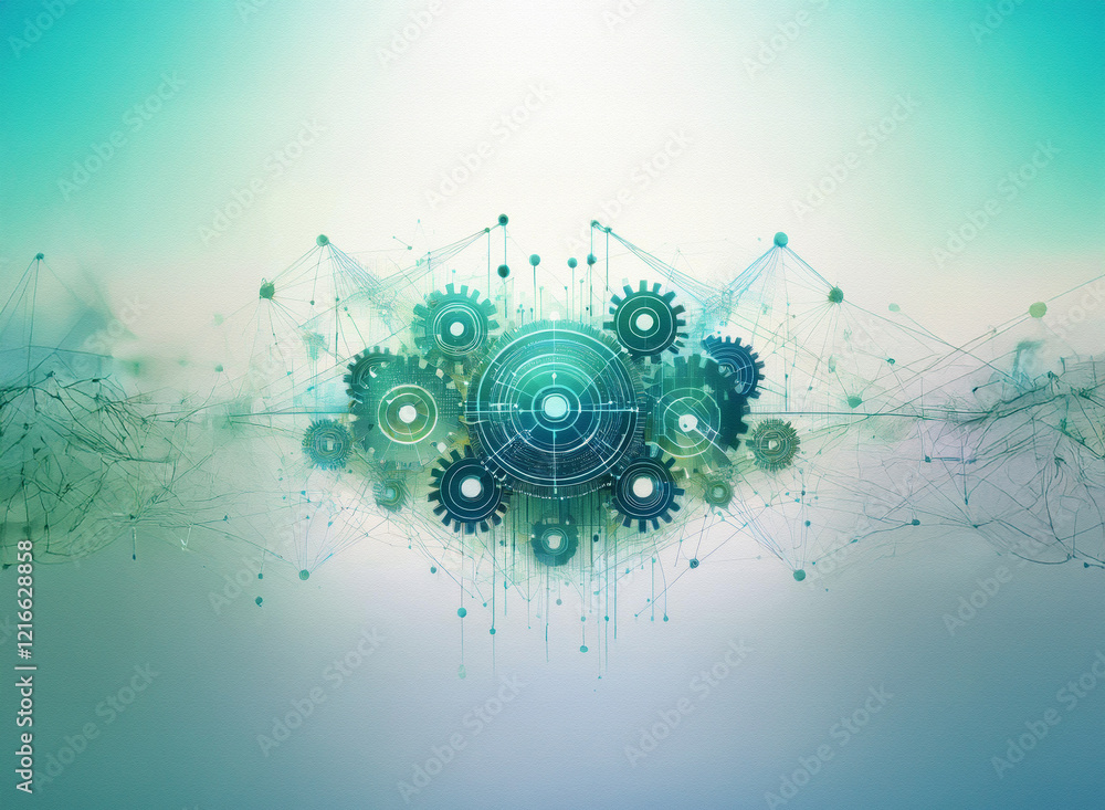 Aufkleber Abstract image of interconnected gears, rendered with a grainy paper texture, suggesting complex systems and networks.  The teal and green color palette evokes a sense of technology and flow.