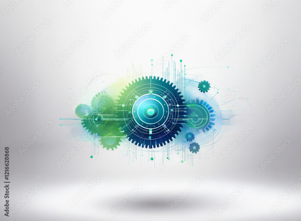 Fototapete Abstract digital art depicting interconnected gears and circuitry on a grainy paper texture background.  The design uses teal and green tones, creating a sense of technological complexity and flow.