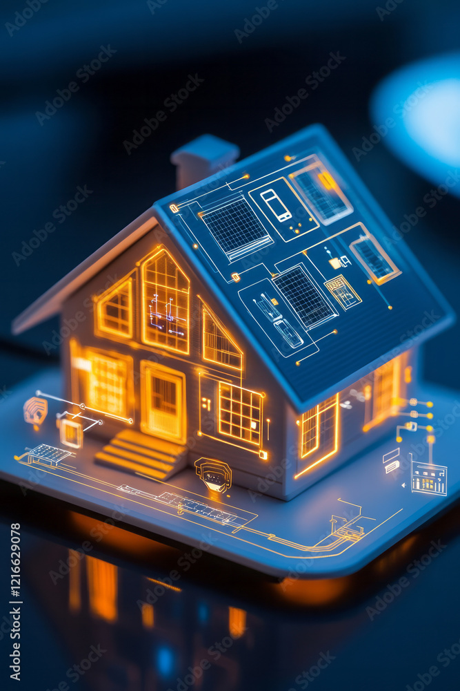 Poster a high-resolution image of a smart home with integrated resource management systems, showcasing the 