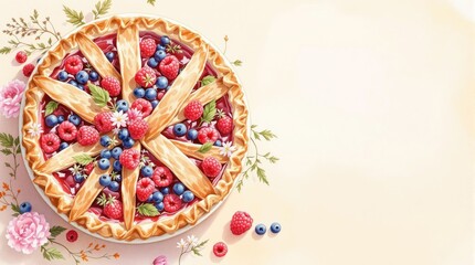 Beautiful watercolor portrayal of a delicious homemade raspberry and blueberry pie with floral motifs, flavorful, food art, colorful palette, dessert designer