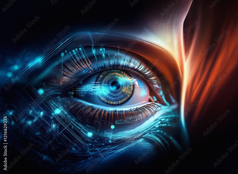 Poster close-up of a cybernetic eye, rendered with a grainy paper texture. cool blues and warm oranges illu