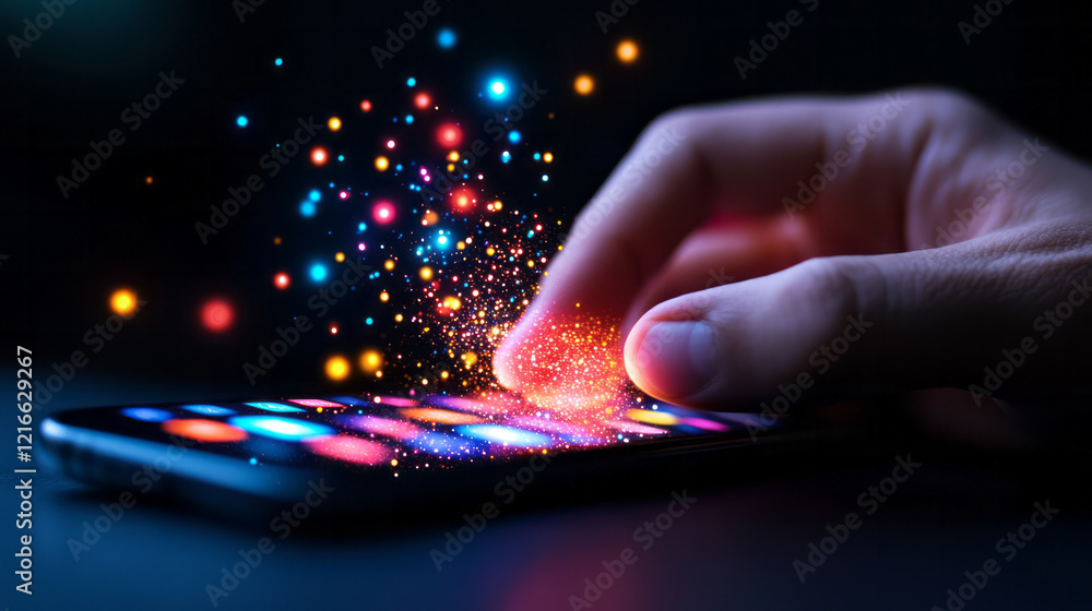 Poster a detailed close-up of hands typing on a smartphone with multiple apps open, emphasizing the growing