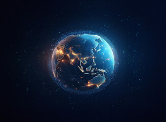 Obraz premium A glowing, digital rendering of Earth on a grainy paper texture background. The continents are visible, outlined in light, with connecting lines suggesting global networks.