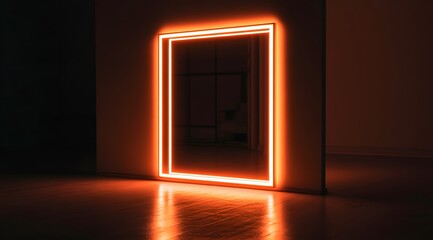 A glowing neon rectangle frame stands in a dark room, casting a warm light onto the floor.