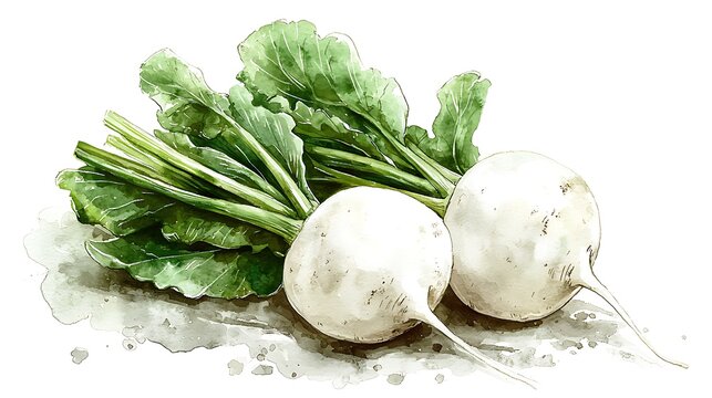 Watercolor Painting of Two Fresh White Turnips with Green Leaves