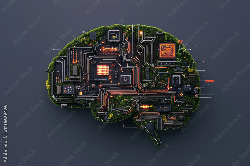Poster a creative depiction of a brain made up of interconnected circuits and devices, representing the int
