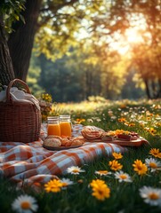Sunny picnic in a flower field.