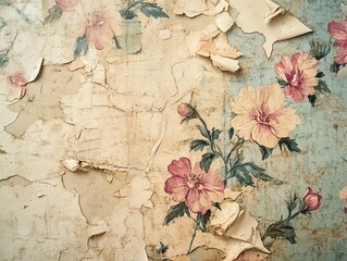 Peeling floral wallpaper, a vintage texture revealing layers of time and faded beauty. 