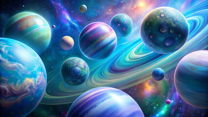 Vibrant planets in cosmic scene with swirling colors and motion blur