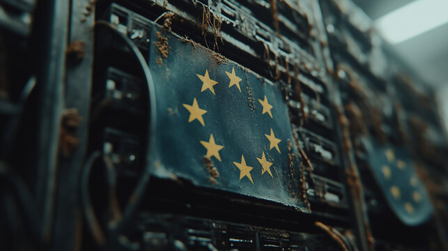EU flag in server room, symbol for decline
