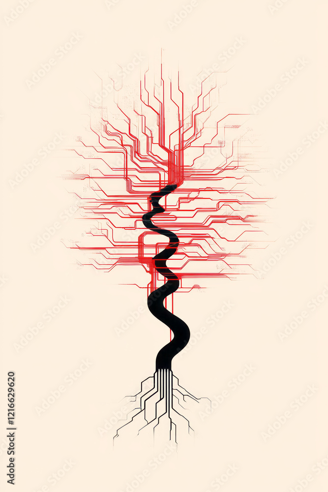 Poster An elegant illustration of a tree with branches made of cables and wires, depicting the natural growth of technological dependencies in society,
