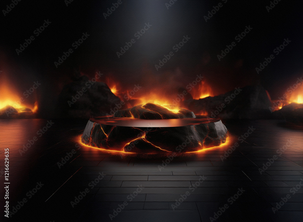 Poster a fiery, dark scene features a stone podium encircled by glowing lava rocks on a grainy paper-textur